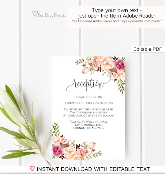Wedding Reception Card Template Wedding Reception Invitation Etsy