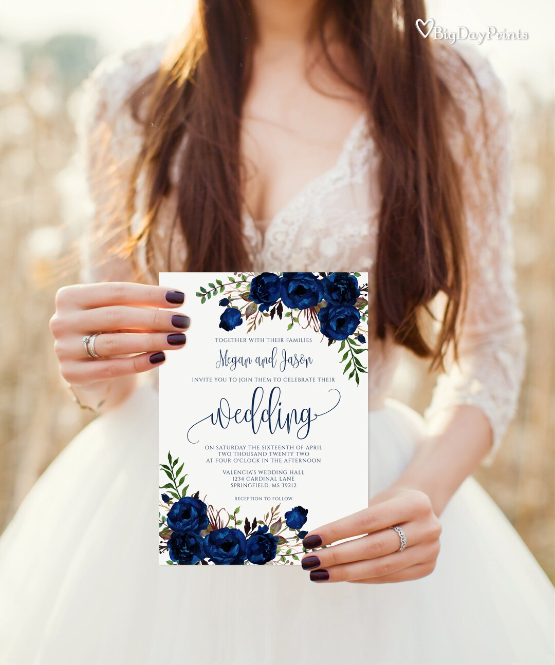 Navy Wedding Invitation Template, Blue Wedding Invitation, Boho Chic ...