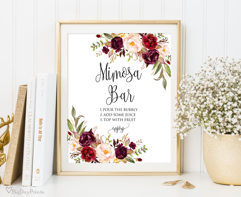 Mimosa Bar Sign, Mimosa Sign, Printable Wedding Sign, Floral Wedding Sign, Instant Download, A047 image 1