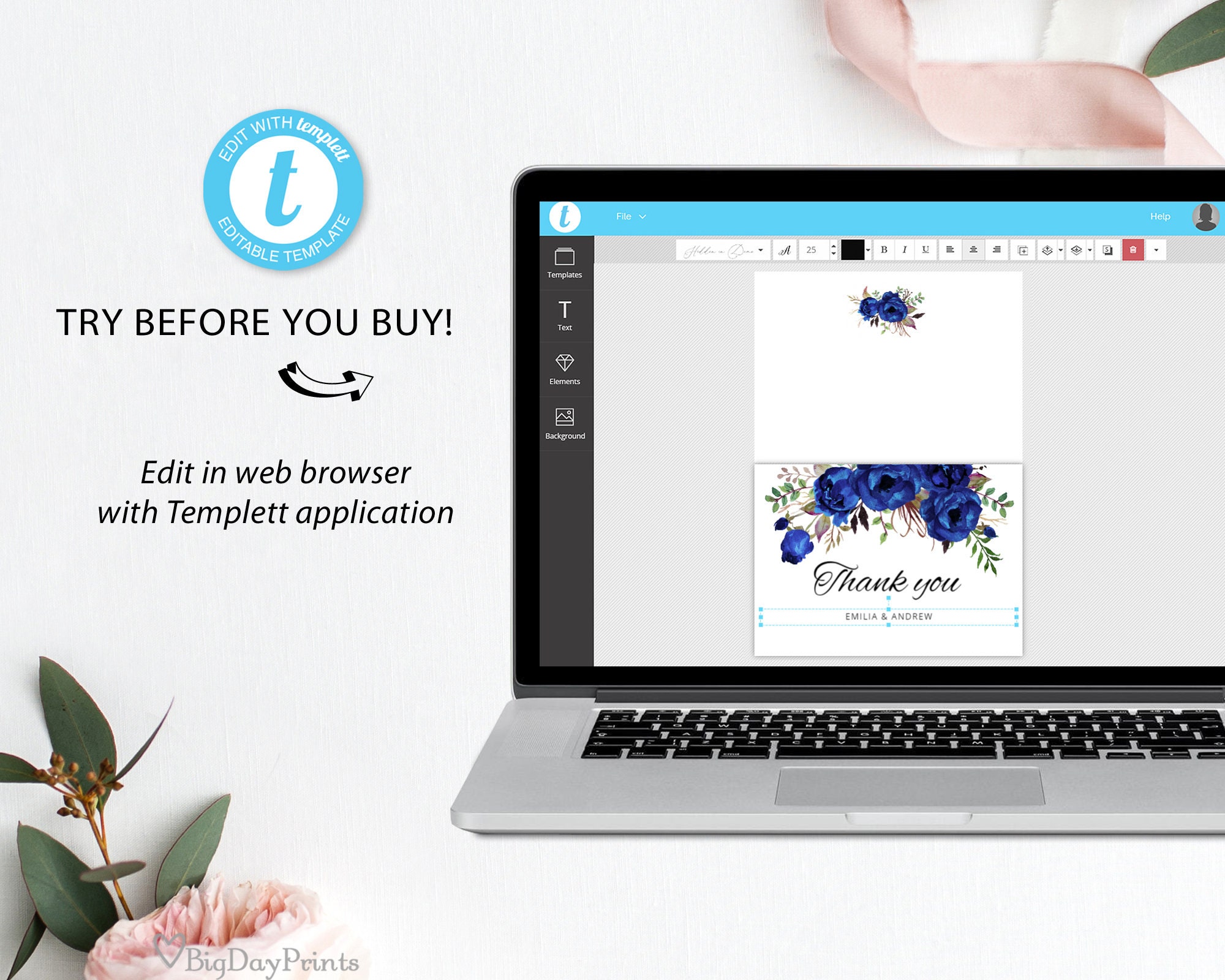 Folded Thank You Card, Royal Blue Wedding Thank You Card Template ...