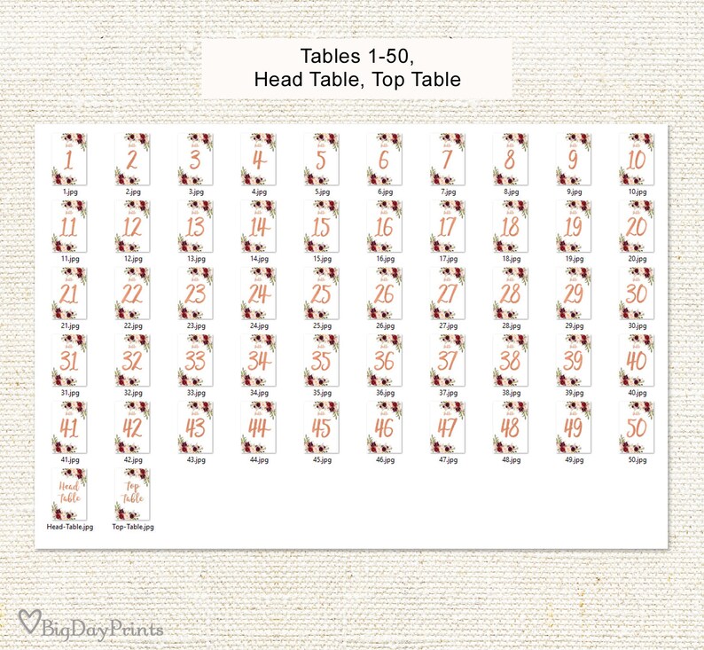 May include: A collection of 50 wedding table number cards, numbered 1-50, with floral accents. Each card features a copper-colored number and a floral design in the upper corner. The text "Tables 1-50, Head Table, Top Table" is at the top.