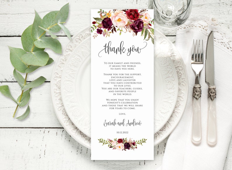 Floral Wedding Thank You Place Card, Wedding Table Thank You Card Template, Burgundy, Marsala, Blush, Templett, A047 image 1