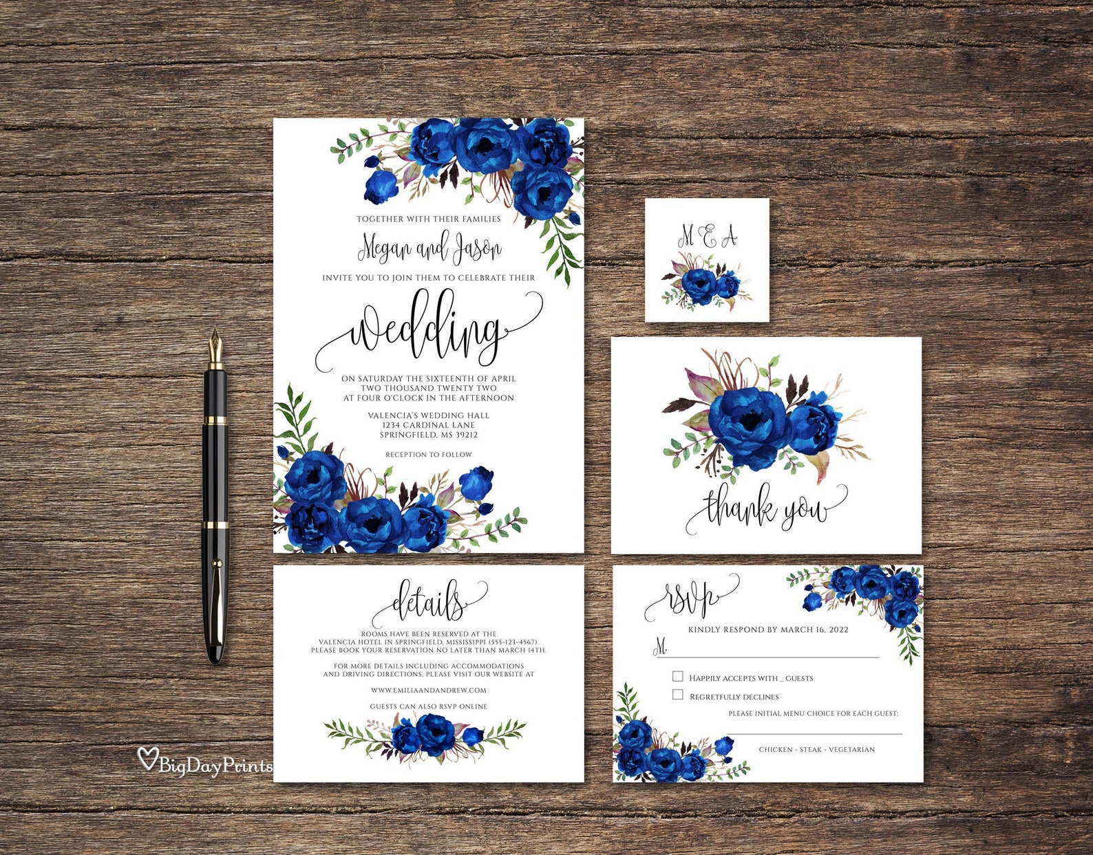 Royal Blue Wedding Invitation Template Boho Chic Wedding - Etsy