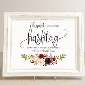 Hashtag Wedding Sign, Burgundy Wedding Hashtag Sign, Your Hashtag Sign, Hashtag Template, Templett, A047 image 1