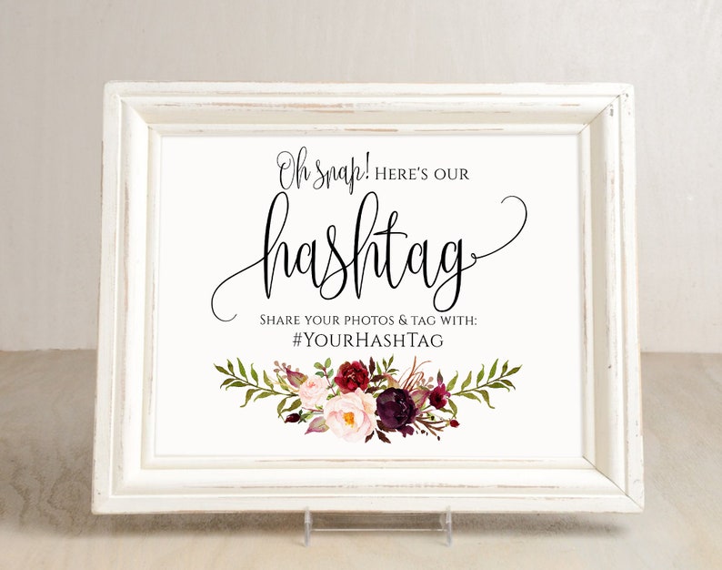 Hashtag Wedding Sign, Burgundy Wedding Hashtag Sign, Your Hashtag Sign, Hashtag Template, Templett, A047 image 1
