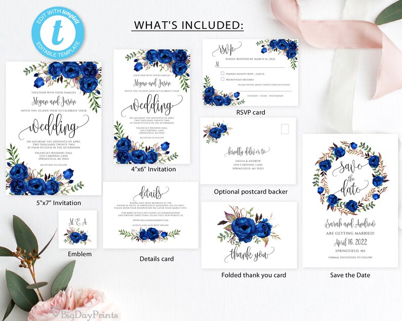 Royal Blue Wedding Invitation Template Blue Wedding | Etsy