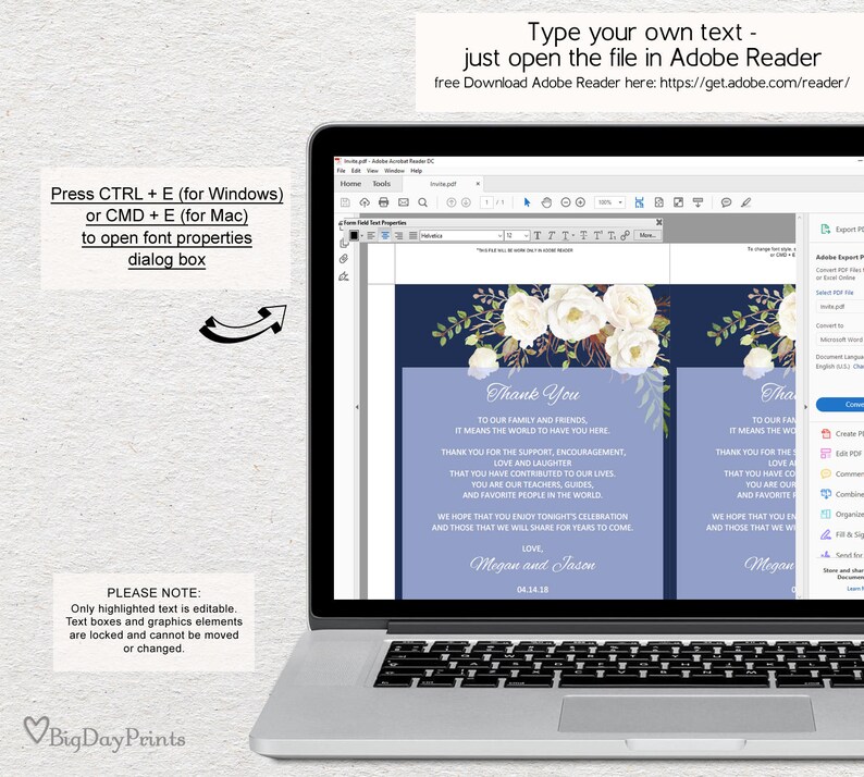 Instant Download Wedding Table Thank You #A051 Floral Wedding Thank You Place Card Thank You Place Setting Navy and White Editable PDF