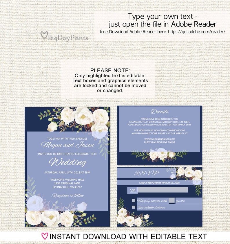 Floral Wedding Set Navy and White Flowers Navy Wedding Invitation Template A051-C Instant Download Editable PDF Wedding Invitation Suite