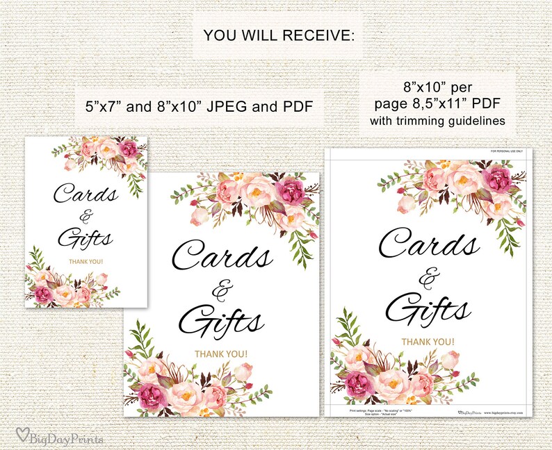 Cards and Gifts Sign, Gift Table Sign, Printable Wedding Sign, Gift Table Reception Sign, Floral Wedding Sign, Instant Download, A008 image 2