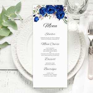 Szablon menu weselnego, Królewskie niebieskie menu weselne, Niebieska karta menu weselnego z kwiatami, Menu weselne do druku, Boho Chic, Templett, #A016