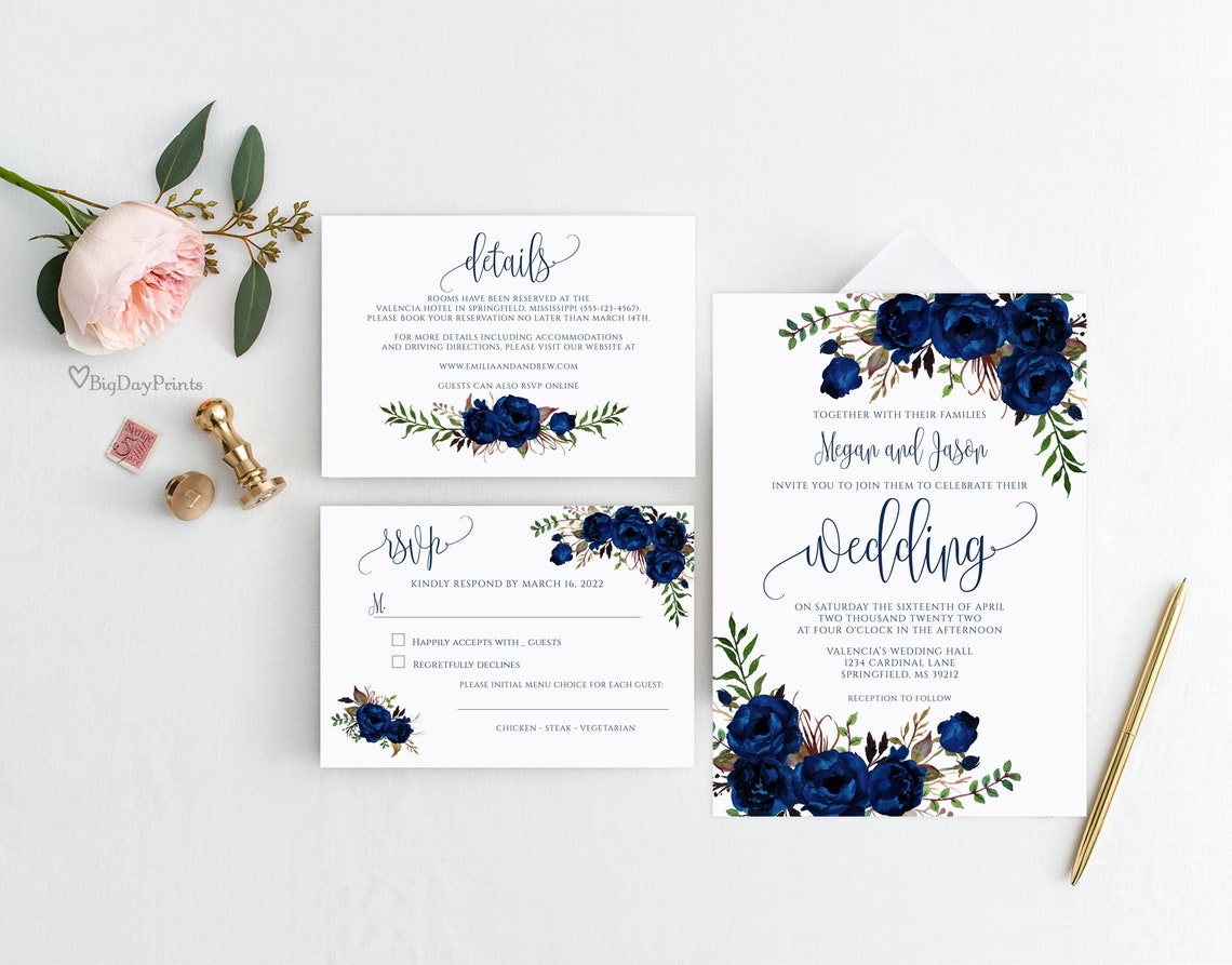 Navy Wedding Invitation Template Blue Wedding Invitation - Etsy