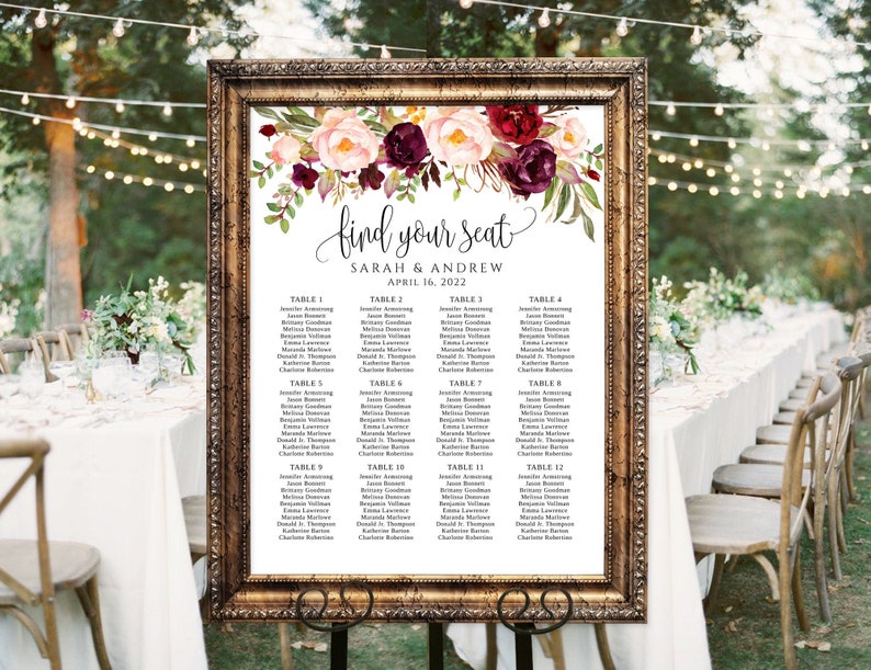 Burgundy Wedding Seating Chart Template, Boho Chic Floral Wedding Table Plan, Seating Board, Seating Plan, Templett, A047 image 1