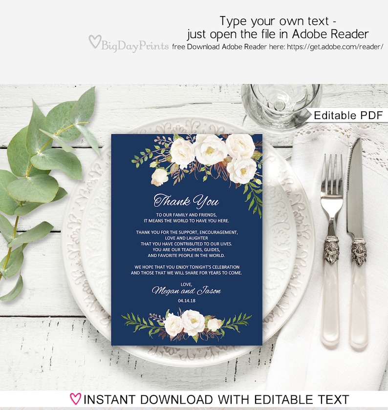 Instant Download Wedding Table Thank You #A051 Floral Wedding Thank You Place Card Thank You Place Setting Navy and White Editable PDF