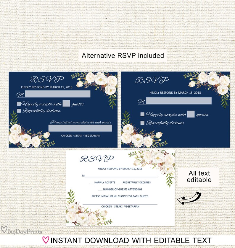 Floral Wedding Set Navy and White Flowers Navy Wedding Invitation Template A051-C Instant Download Editable PDF Wedding Invitation Suite