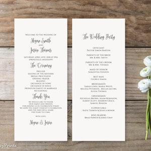 May include: Wedding ceremony programme with black text on white paper. The programme includes the order of events, the wedding party, and a thank you message from the couple. The text reads "Welcome to the wedding of Megan Smith and Jason Thomas. Saturday, April 14th, 2018 at 5pm Springfield, Mississippi. The Ceremony. Prelude. Seating of the Mothers. Bridal Procession. Opening Prayer. Reading. Exchange of Vows. Exchange of Rings. Pronouncement of Marriage. Recessional. Thank You. We would like to thank our family and friends for joining us in celebration today. We hope you enjoy tonight's celebration and the ones we'll share for years to come. With love, Megan & Jason. The Wedding Party. Officiant. Pastor Simon Barton. Parents of the Bride. Mr. & Mrs. Smith. Parents of the Groom. Mr. & Mrs. Thomas. Maid of Honor. Samantha Hanson. Best Man. George Simon. Bridesmaids. Sarah Lewis, Maria White, Melissa Peterson, Megan Jacobs, Alissa Thomas. Groomsmen. Nicholas Brown, Adam Robinson, Albert Scott, Andrew Grace, Samuel Benson. Flower Girls. Katie Tarwin & Jessica Minor. Ring Bearers. Brad Parker & James Gray."