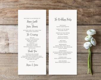 May include: Wedding ceremony programme with black text on white paper. The programme includes the order of events, the wedding party, and a thank you message from the couple. The text reads "Welcome to the wedding of Megan Smith and Jason Thomas. Saturday, April 14th, 2018 at 5pm Springfield, Mississippi. The Ceremony. Prelude. Seating of the Mothers. Bridal Procession. Opening Prayer. Reading. Exchange of Vows. Exchange of Rings. Pronouncement of Marriage. Recessional. Thank You. We would like to thank our family and friends for joining us in celebration today. We hope you enjoy tonight's celebration and the ones we'll share for years to come. With love, Megan & Jason. The Wedding Party. Officiant. Pastor Simon Barton. Parents of the Bride. Mr. & Mrs. Smith. Parents of the Groom. Mr. & Mrs. Thomas. Maid of Honor. Samantha Hanson. Best Man. George Simon. Bridesmaids. Sarah Lewis, Maria White, Melissa Peterson, Megan Jacobs, Alissa Thomas. Groomsmen. Nicholas Brown, Adam Robinson, Albert Scott, Andrew Grace, Samuel Benson. Flower Girls. Katie Tarwin & Jessica Minor. Ring Bearers. Brad Parker & James Gray."