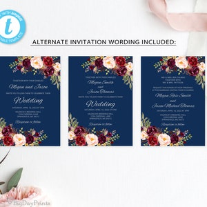 Navy Wedding Invitation Template, Blue Silver Wedding Invitation, Burgundy Navy Wedding Invitation, Templett, A034 image 2