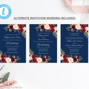 Navy Wedding Invitation Template, Blue Silver Wedding Invitation, Burgundy Navy Wedding Invitation, Templett, A034 imagem 2