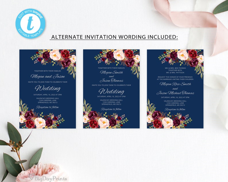 Navy Wedding Invitation Template, Blue Silver Wedding Invitation, Burgundy Navy Wedding Invitation, Templett, A034 imagem 2