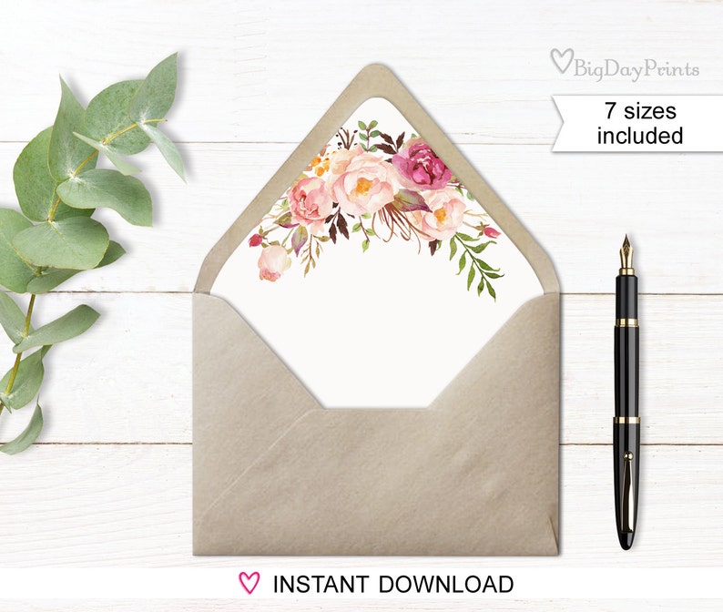 Envelope Liners, Envelope Liner Template, Watercolor Floral, White background, Boho Chic, Match to A008, A010, A019 image 1