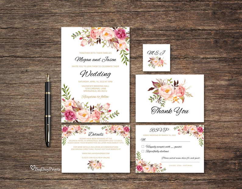 Floral Wedding Invitation Template, Boho Chic Wedding Invitation Suite, Wedding Set, Blush Pink Wedding Invitation, Templett, A008 image 1