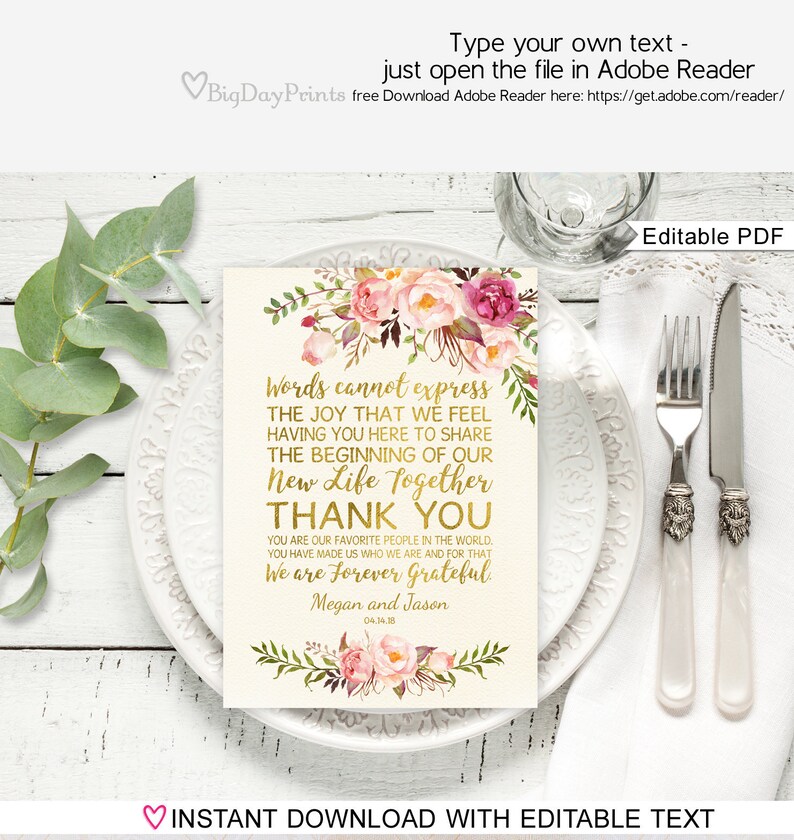 Floral Wedding Thank You Place Card Printable Editable PDF Ivory Wedding Table Thank You Template A009