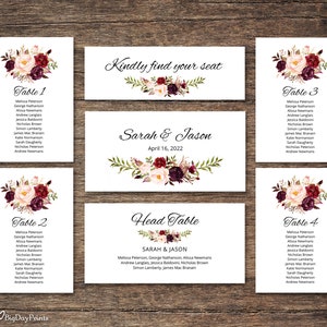 Wedding Seating Chart Template, Seating Cards, Floral Wedding Table Plan, Burgundy, Templett, #A023