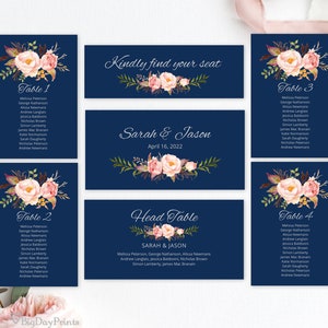 Navy Blush Wedding Seating Chart Template, Silver Navy Seating Cards, Table Plan, Templett, A012