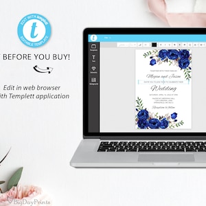 May include: A blue and white wedding invitation template with a floral design. The text reads "Megan and Jason" and "Wedding".