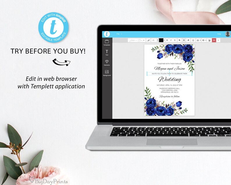 May include: A blue and white wedding invitation template with a floral design. The text reads "Megan and Jason" and "Wedding".