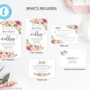 Blush Pink Wedding Invitation Template, Floral Wedding Invitation Suite, Boho Chic Wedding Set, Templett, #A049 image 2