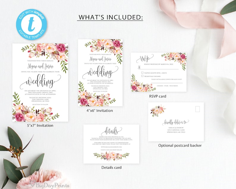 Blush Pink Wedding Invitation Template, Floral Wedding Invitation Suite, Boho Chic Wedding Set, Templett, #A049 image 2