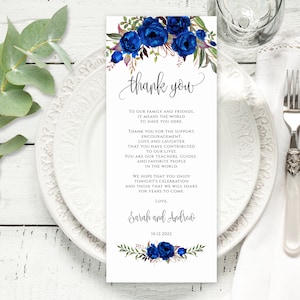 Royalblaue Hochzeit Dankeschön Tischkarte, Blaue Hochzeit Tisch Dankeschön Kartenvorlage, Templett, A043