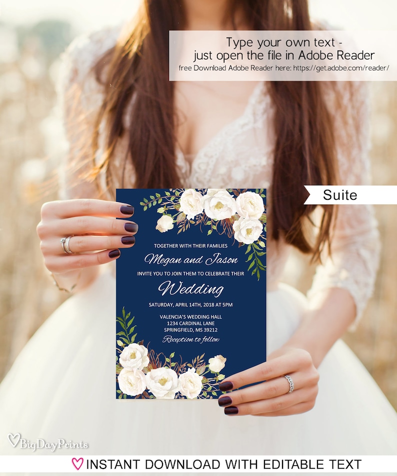 Floral Wedding Set Navy and White Flowers Navy Wedding Invitation Template A051-C Instant Download Editable PDF Wedding Invitation Suite