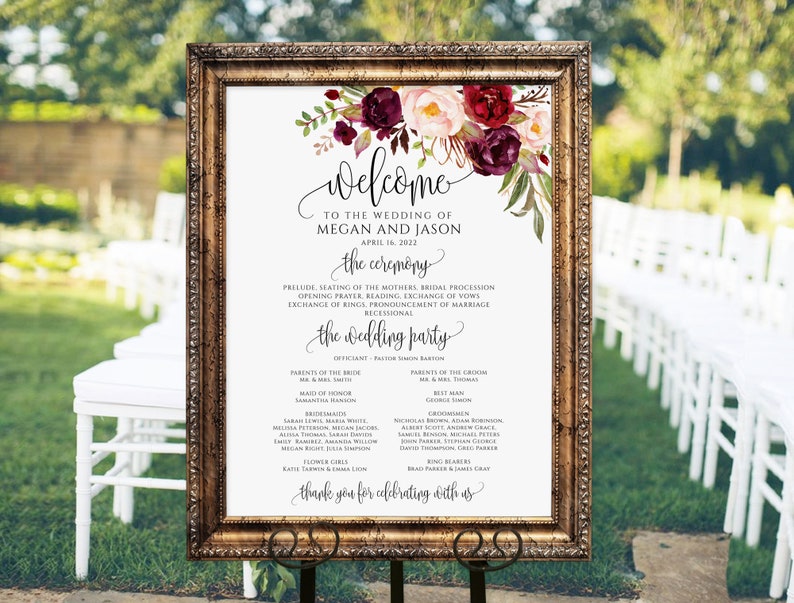 Burgundy Wedding Program Sign, Ceremony Program Sign, Marsala Wedding Welcome Sign, Templett, A047 image 1