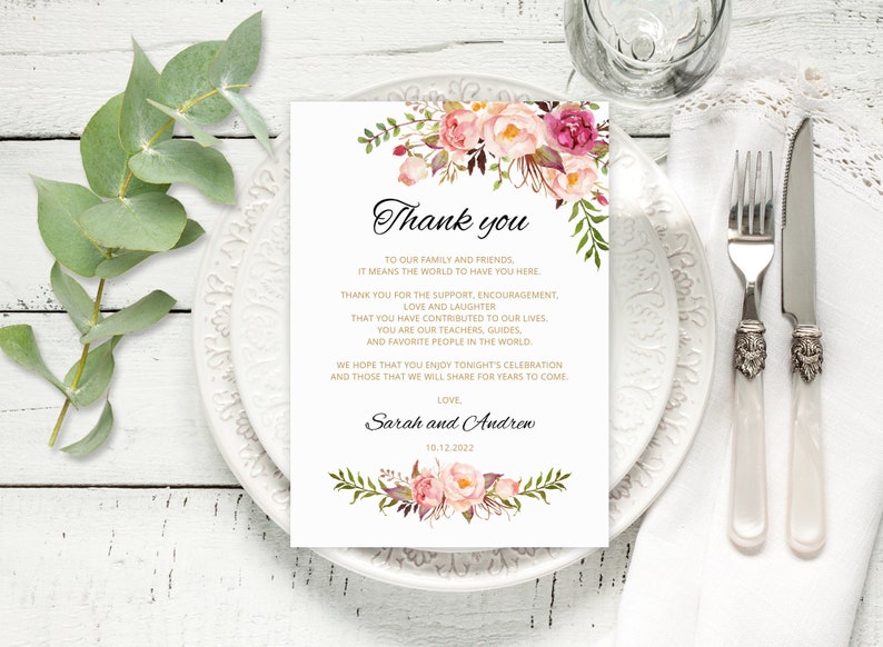 Floral Wedding Thank You Place Card, Wedding Table Thank You, Thank You Place Setting, Templett, A008 image 1