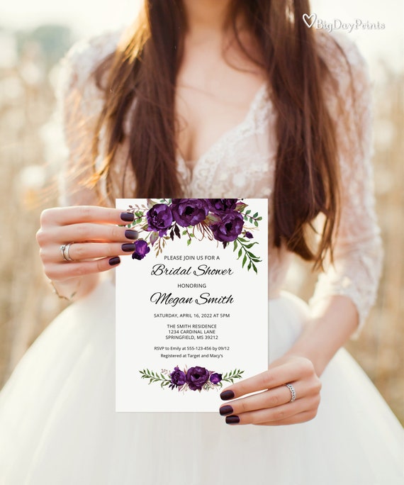 Eggplant Bridal Shower Invitation, Floral Purple Bridal Shower Invitation,  Templett, #A039
