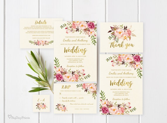 Ivory Wedding Invitation Template, Boho Chic Wedding Invite Suite, Gold Foil Wedding Invitation, Blush Pink Wedding Invite, Templett, #A009