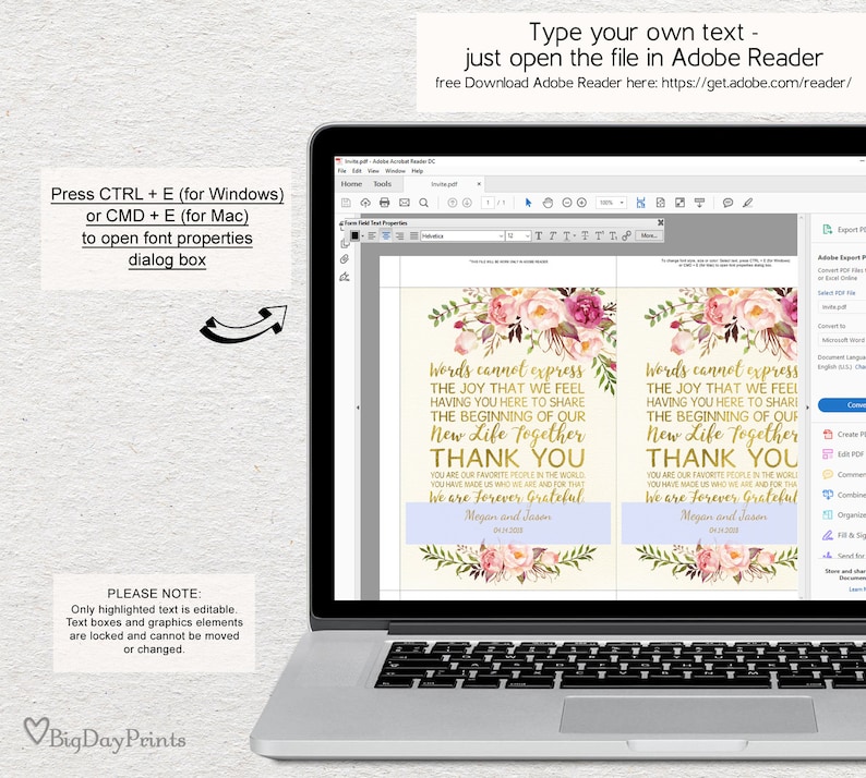 Floral Wedding Thank You Place Card Printable Editable PDF Ivory Wedding Table Thank You Template A009