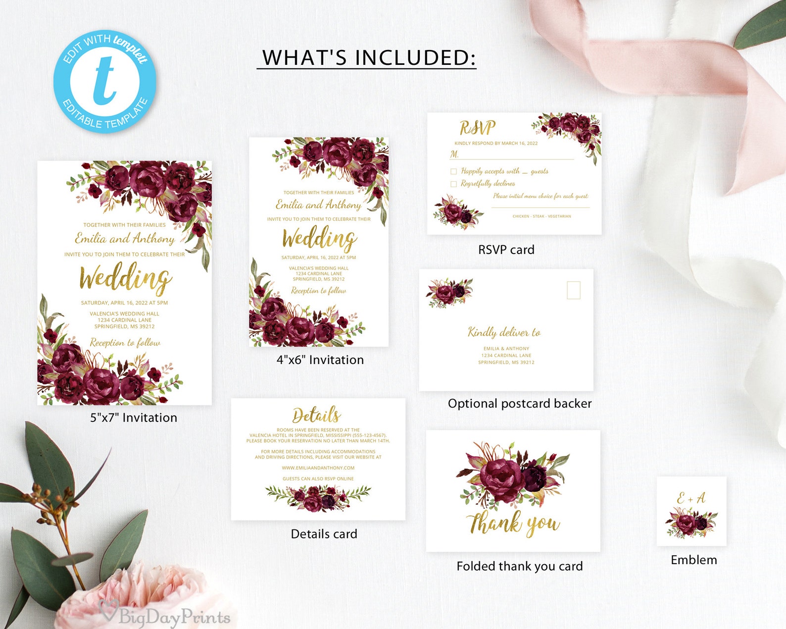 Marsala Wedding Invitation Template Boho Chic Wedding Invite - Etsy