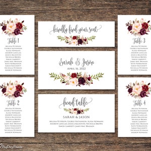 Burgundy Wedding Seating Chart Template, Seating Cards, Floral Wedding Table Plan, Templett, #A047