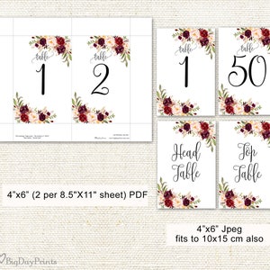 Wedding Table Numbers, Floral Table Numbers, Printable Wedding Table Numbers, 4x6, 10x15 cm, Instant Download, A047 image 2