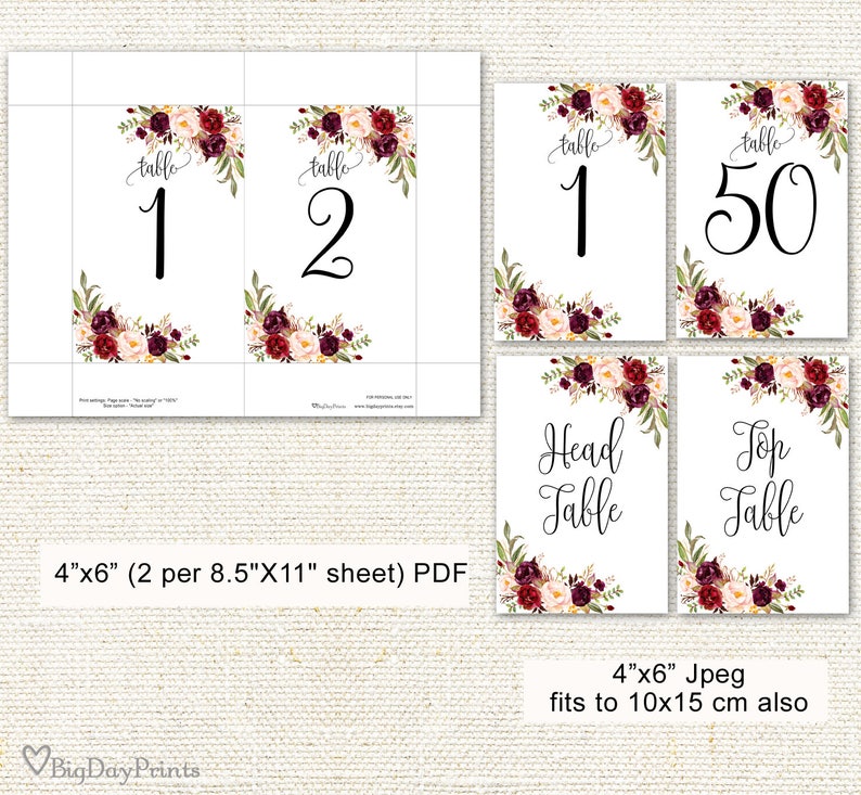 Wedding Table Numbers, Floral Table Numbers, Printable Wedding Table Numbers, 4x6, 10x15 cm, Instant Download, A047 image 2