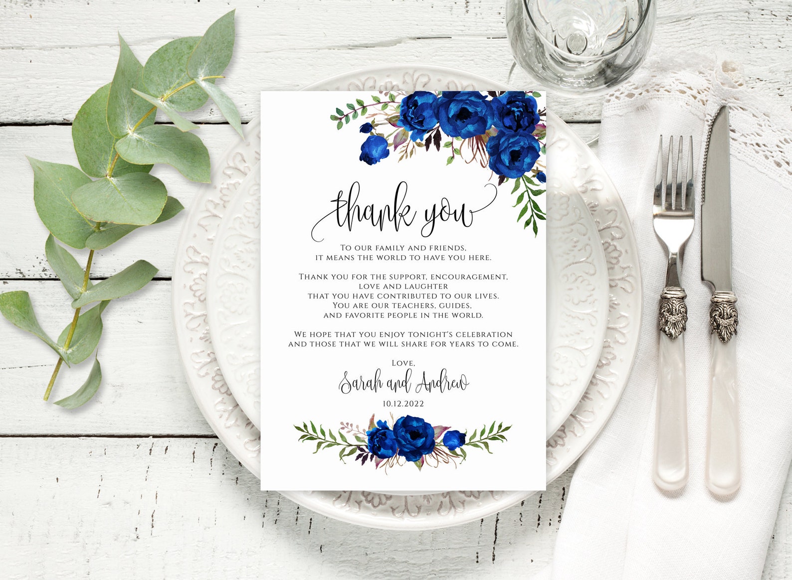 Royal Blue Wedding Thank You Place Card, Blue Wedding Table Thank You ...