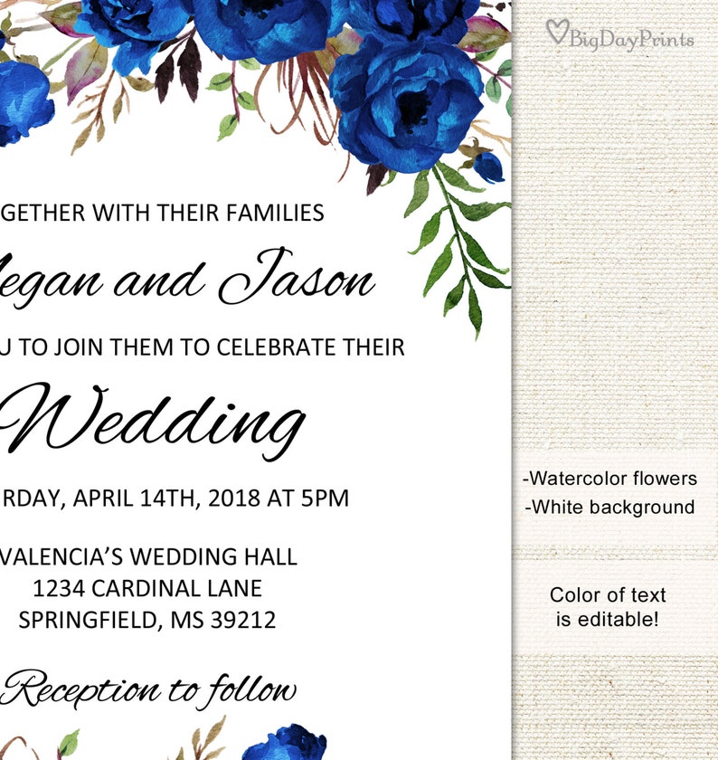 Blue Wedding Invitation Template Royal Blue Wedding Etsy