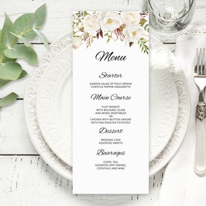 Floral Wedding Menu Template, Floral Menu Card, Wedding Menu Printable, Boho Chic, Templett, #A053