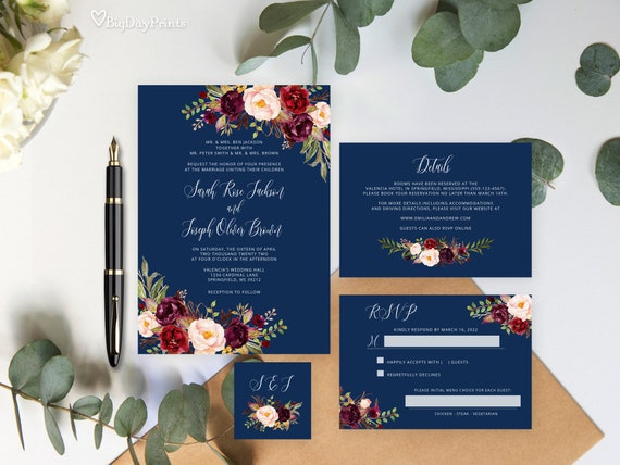 Navy Burgundy Wedding Invitation Template Blue Wedding | Etsy
