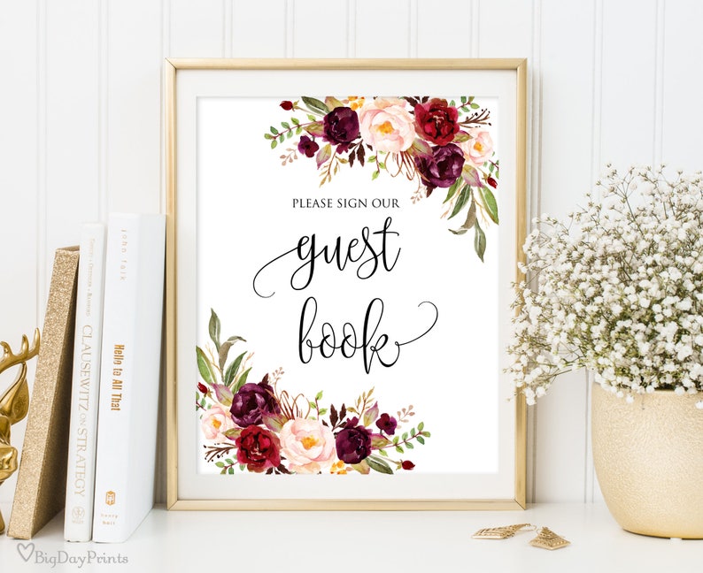 Guest Book Sign, Guest Book Reception Sign, Printable Wedding Sign, Please Sign our Guest Book, Floral Wedding Sign, Instant Download, A047 image 1