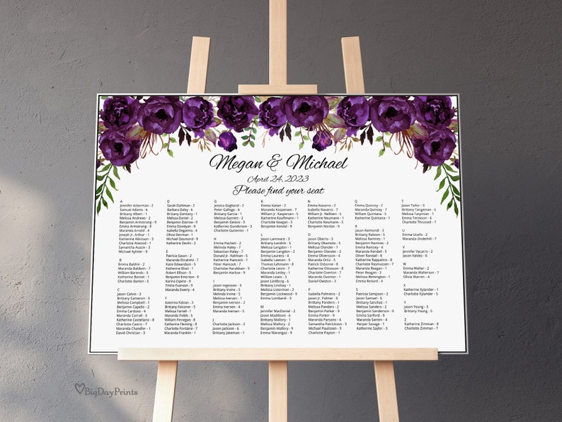 Eggplant Wedding Seating Chart Template, By Alphabet, Boho Chic Wedding Table Plan, Alphabetical Seating Chart, Templett, A039 image 1