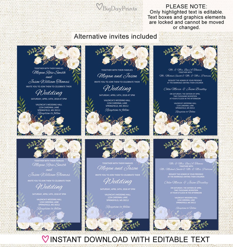 Floral Wedding Set Navy and White Flowers Navy Wedding Invitation Template A051-C Instant Download Editable PDF Wedding Invitation Suite